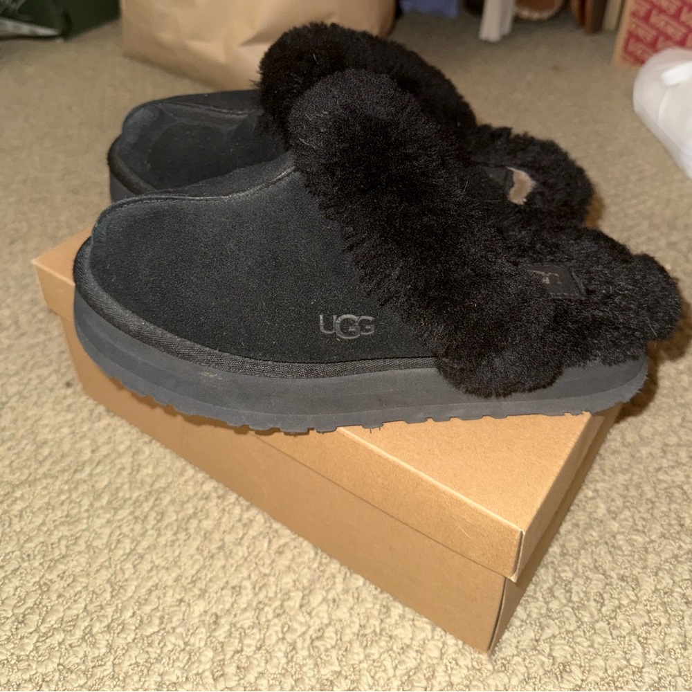 UGG Black Slippers with Plush Trim